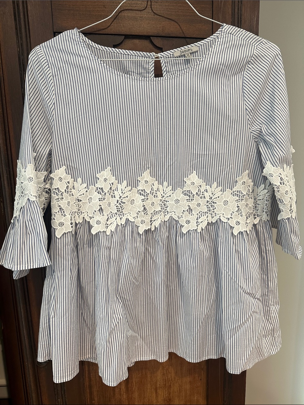 Jodifl Striped Blue & White Lace-Trim Peplum Top